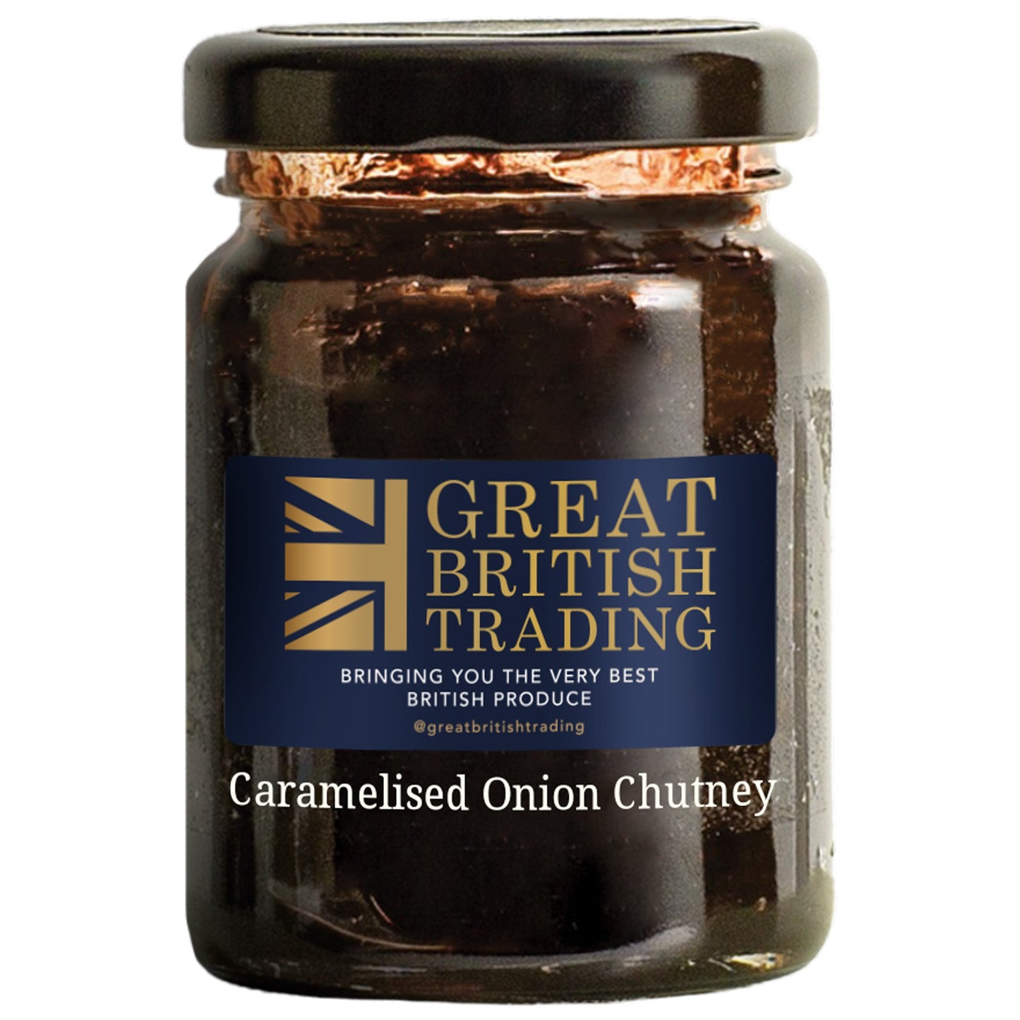 Jar of Great British Trading Caramelised Onion Chutney on a white background