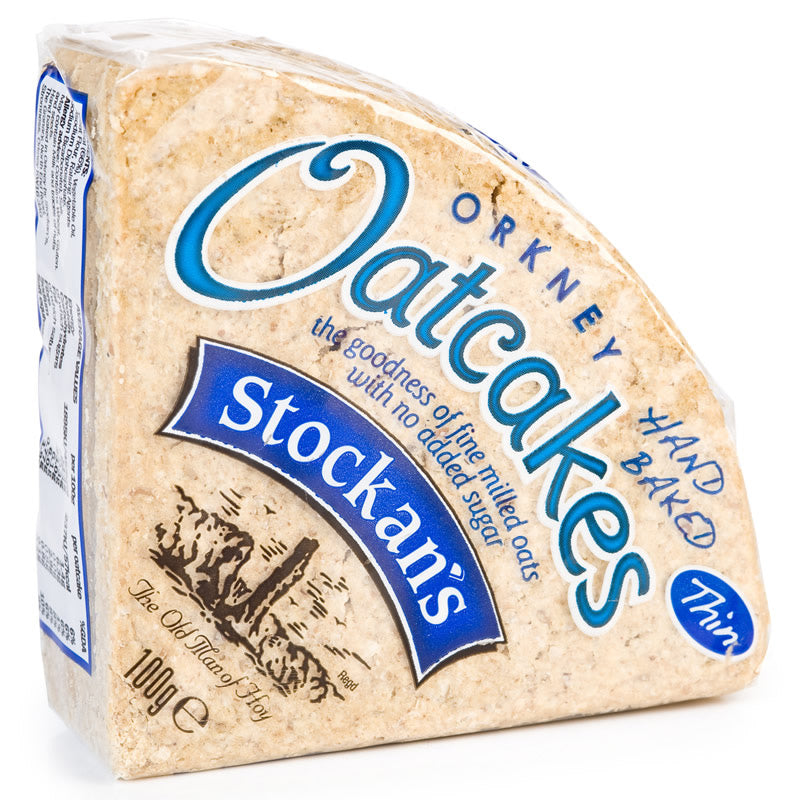 Packaging of Stockans Thin Orkney Oatcakes showing the product name and a partial view of the oatcakes inside the pack.