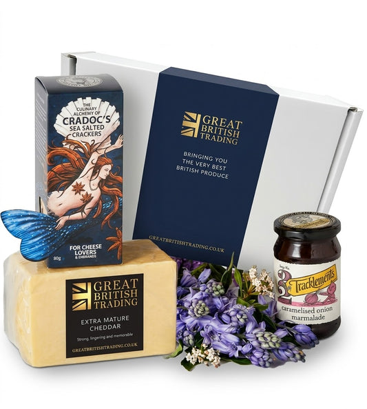 English Cheese Gift Hamper with Mature Cheddar, Onion Marmalade and Crackers