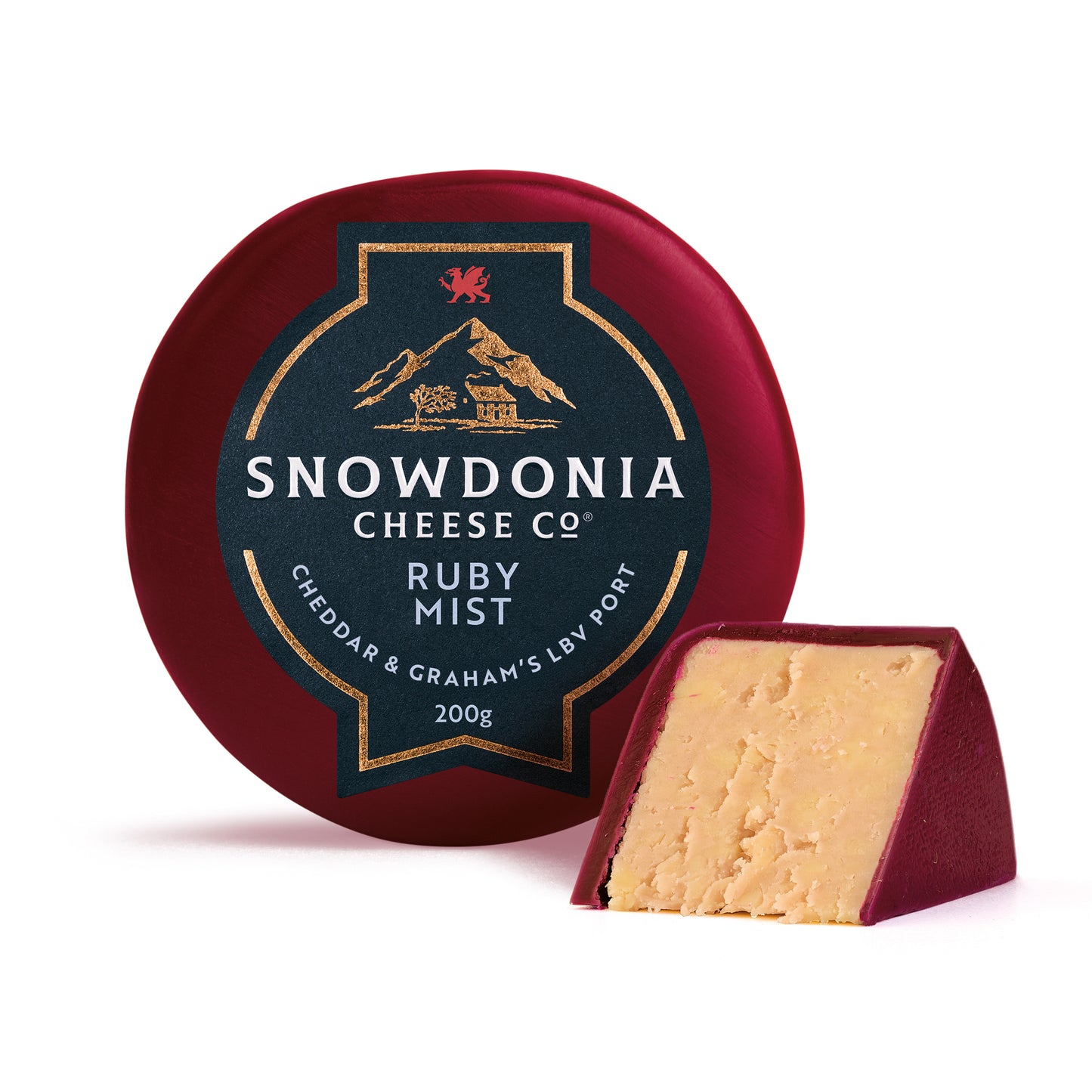 Snowdonia Cheese Co. Ruby Mist cheese with packaging on a white background