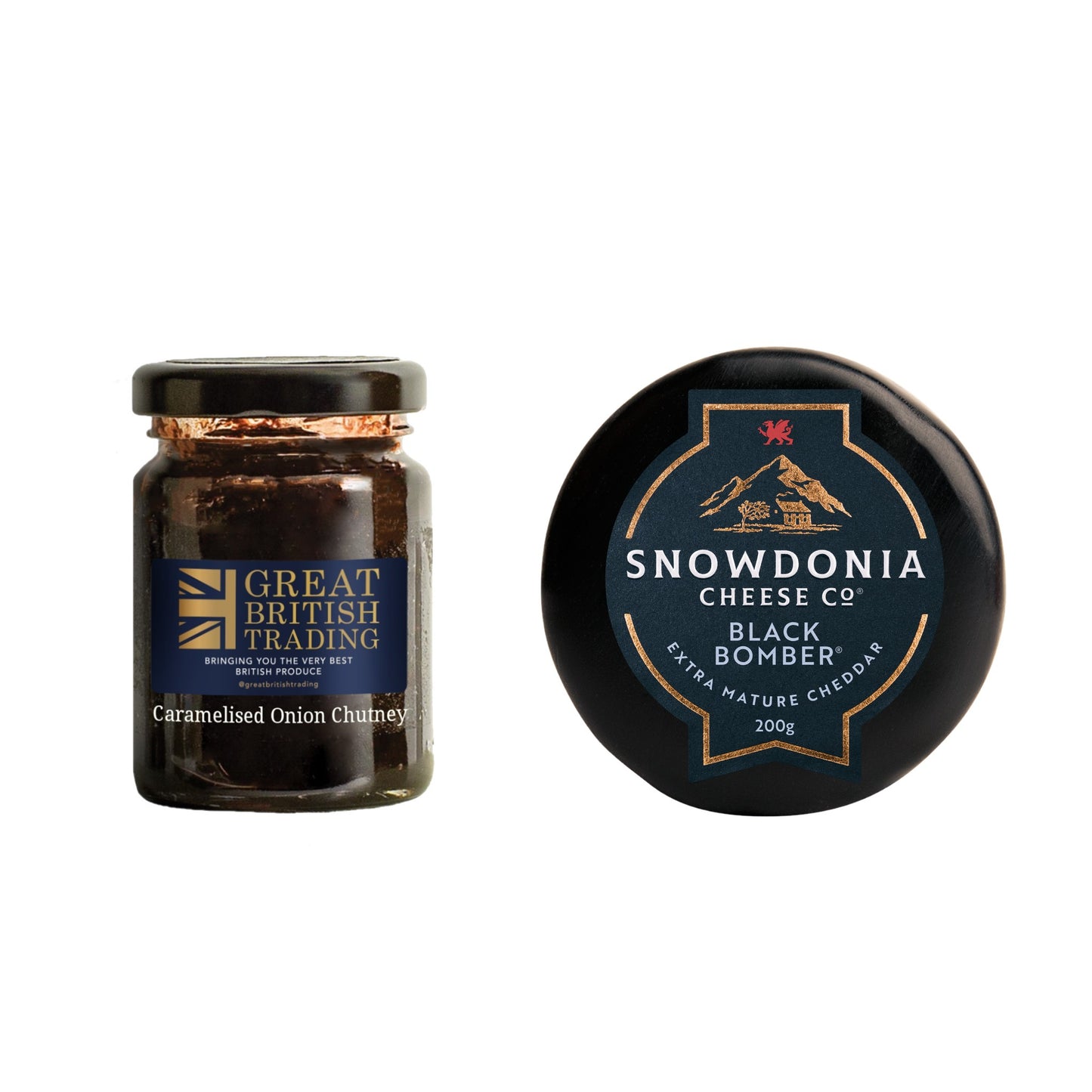 Jar of Great British Trading caramelised onion chutney and Snowdonia Cheese Company Black Bomber 200g waxed truckle