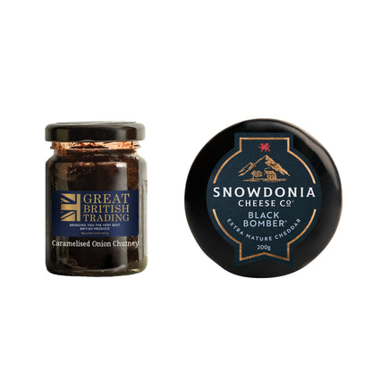 Jar of Great British Trading caramelised onion chutney and Snowdonia Cheese Company Black Bomber 200g waxed truckle