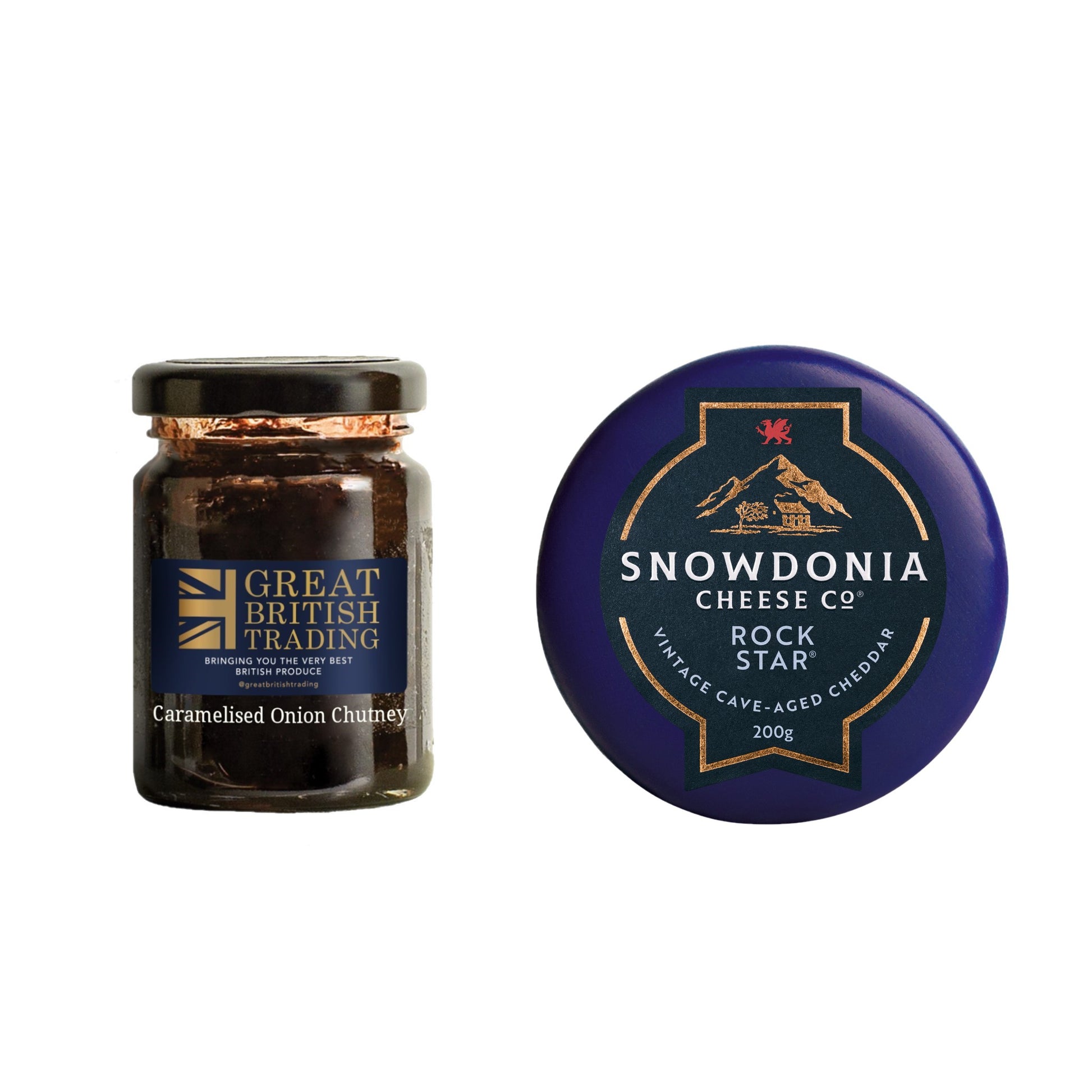 A set containing Snowdonia Rock Star Vintage Cave-Aged Cheddar and Caramelised Onion Chutney, presented with a small box