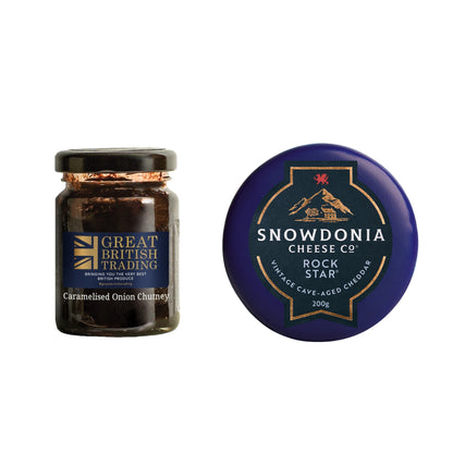 A set containing Snowdonia Rock Star Vintage Cave-Aged Cheddar and Caramelised Onion Chutney, presented with a small box