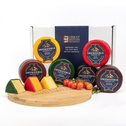 The Ultimate collection of Snowdonia Cheese Company waxed truckles presented in classic 'Great British Trading' gift hamper box.